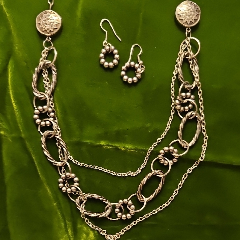 Silver-Tone Multi Strand 29" Necklace and Earrings Set Beaded Textured